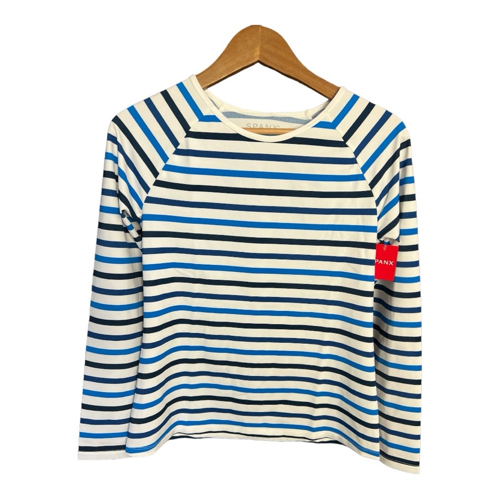 NEW SPANX Ocean Stripe Coastal Blue SMALL Swim Sun Rash Protection Shirt UPF 50+